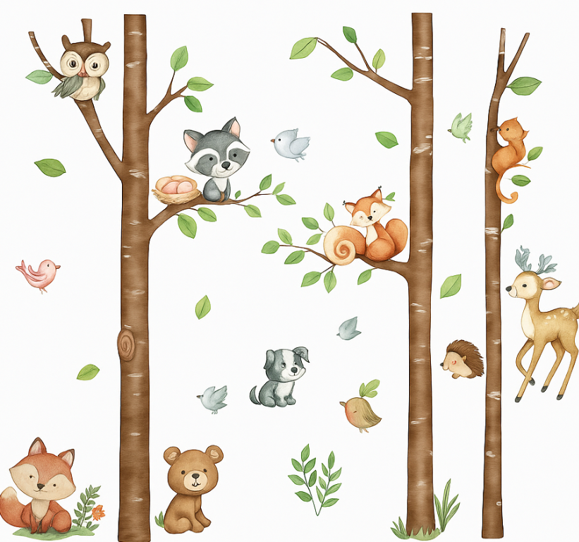 Nursery room wall decal brown animal tree trunks - TenStickers