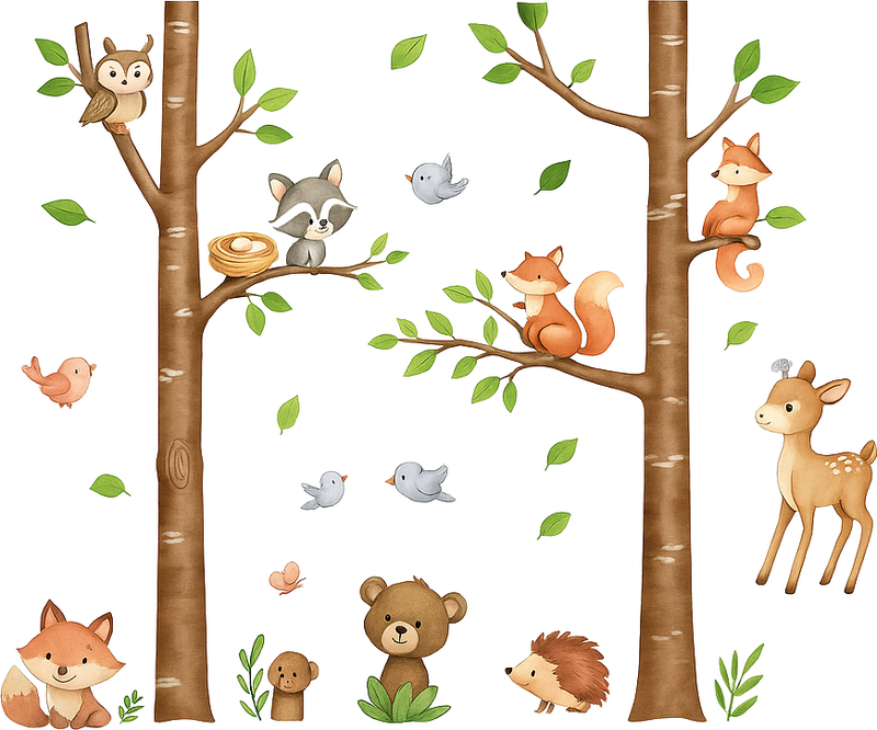 Nursery room wall decal cute animal tree trunks - TenStickers