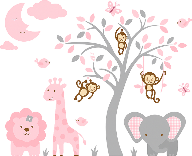 Nursery wall sticker enchanted pink and grey jungle - TenStickers