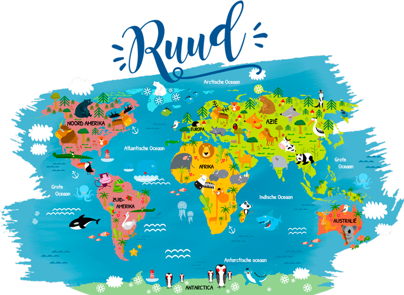 Muursticker wereldkaart kinderkamer dieren gepersonaliseerd - TenStickers