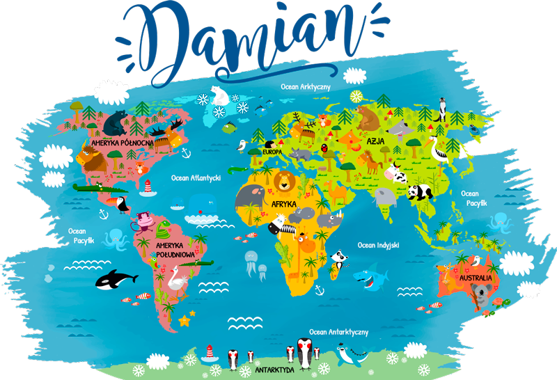 Naklejka mapa świat zwierzęta oceany imię - TenStickers