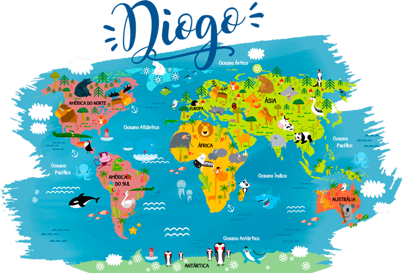 Autocolante mundo Mapa mundo com animais - TenStickers