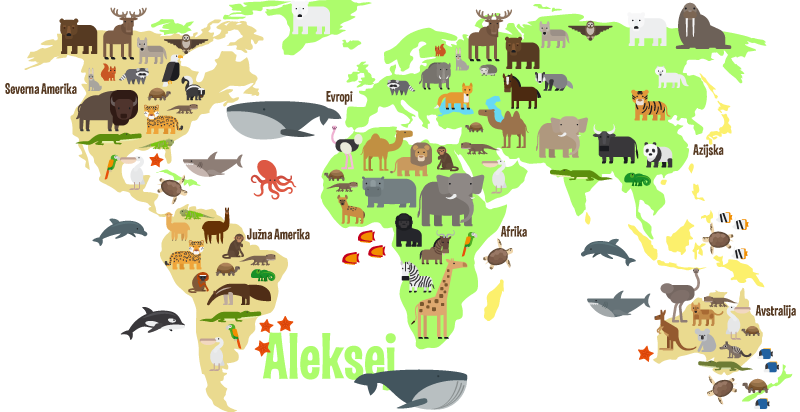 Zemljevid sveta favne z imenom slovenščina - TenStickers