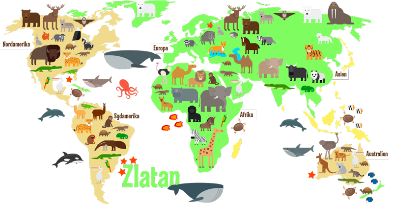 Fauna världskarta med namn i svensk världskarta väggklistermärke