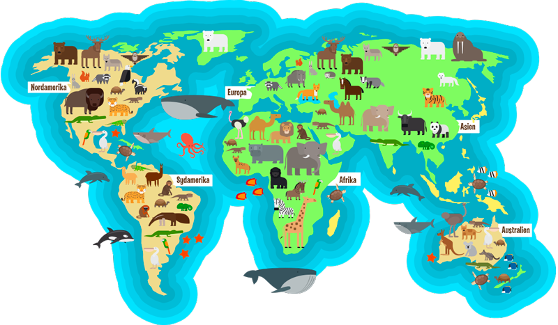Verdenskort med kontinenternes dyr - TenStickers