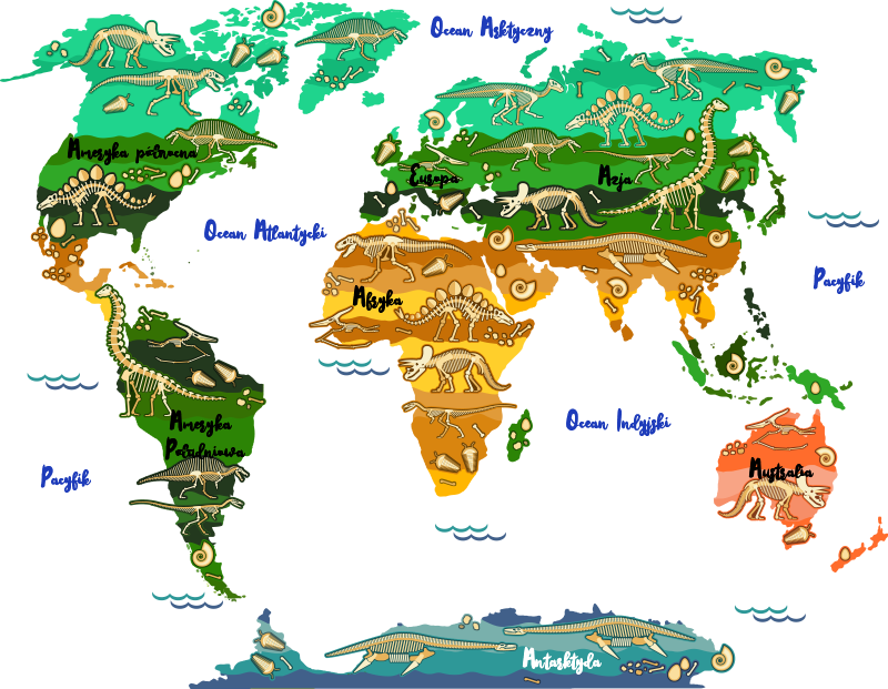 Naklejka z rysunkiem mapa świata z dinozaurami - TenStickers