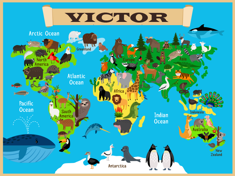 Personalised animal world map wall sticker - TenStickers