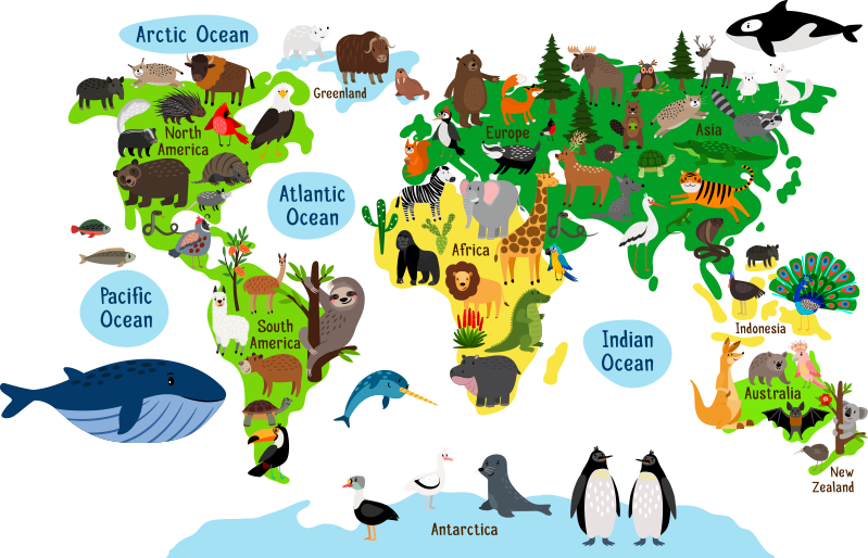 World map with trees and animals wall sticker - TenStickers