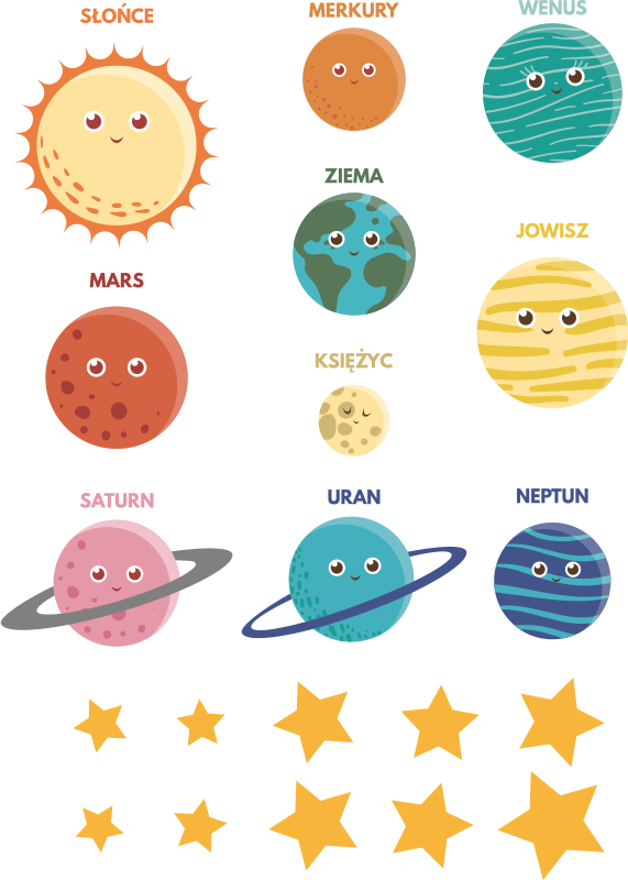 Naklejka kosmos kolorowe planety z podpisami - TenStickers
