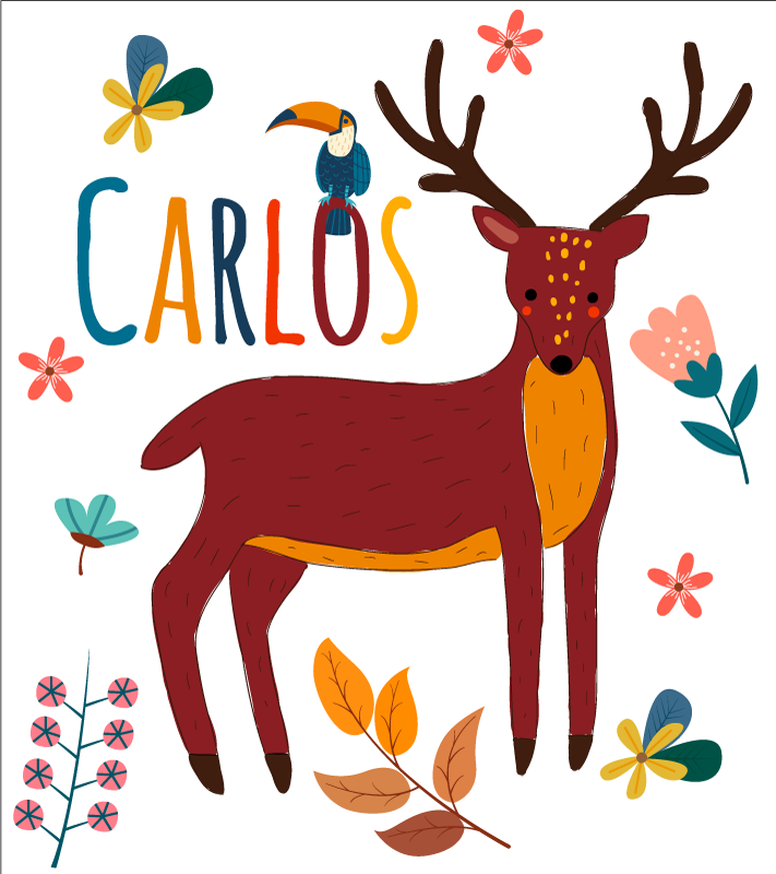 Tenango deer and bird with name illustration wall art decal - TenStickers