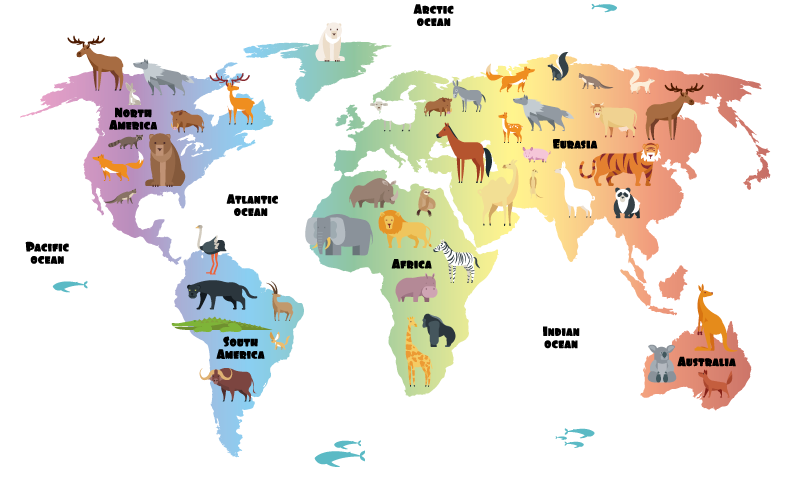 Autocollant décoration carte du monde animaux - TenStickers