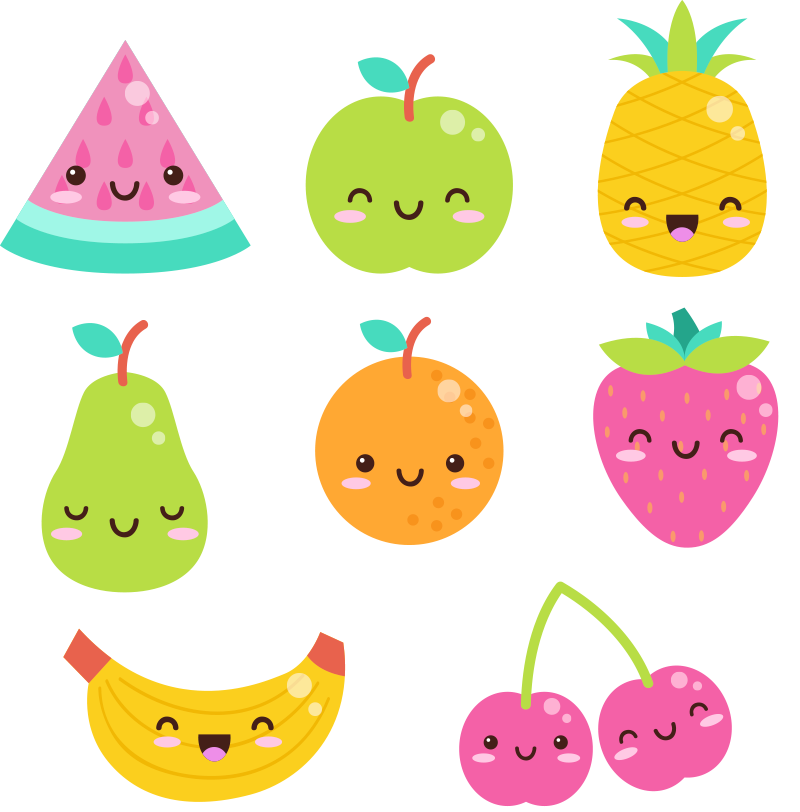 Um conjunto de adesivos com frutas kawaii fofas desenho infantil