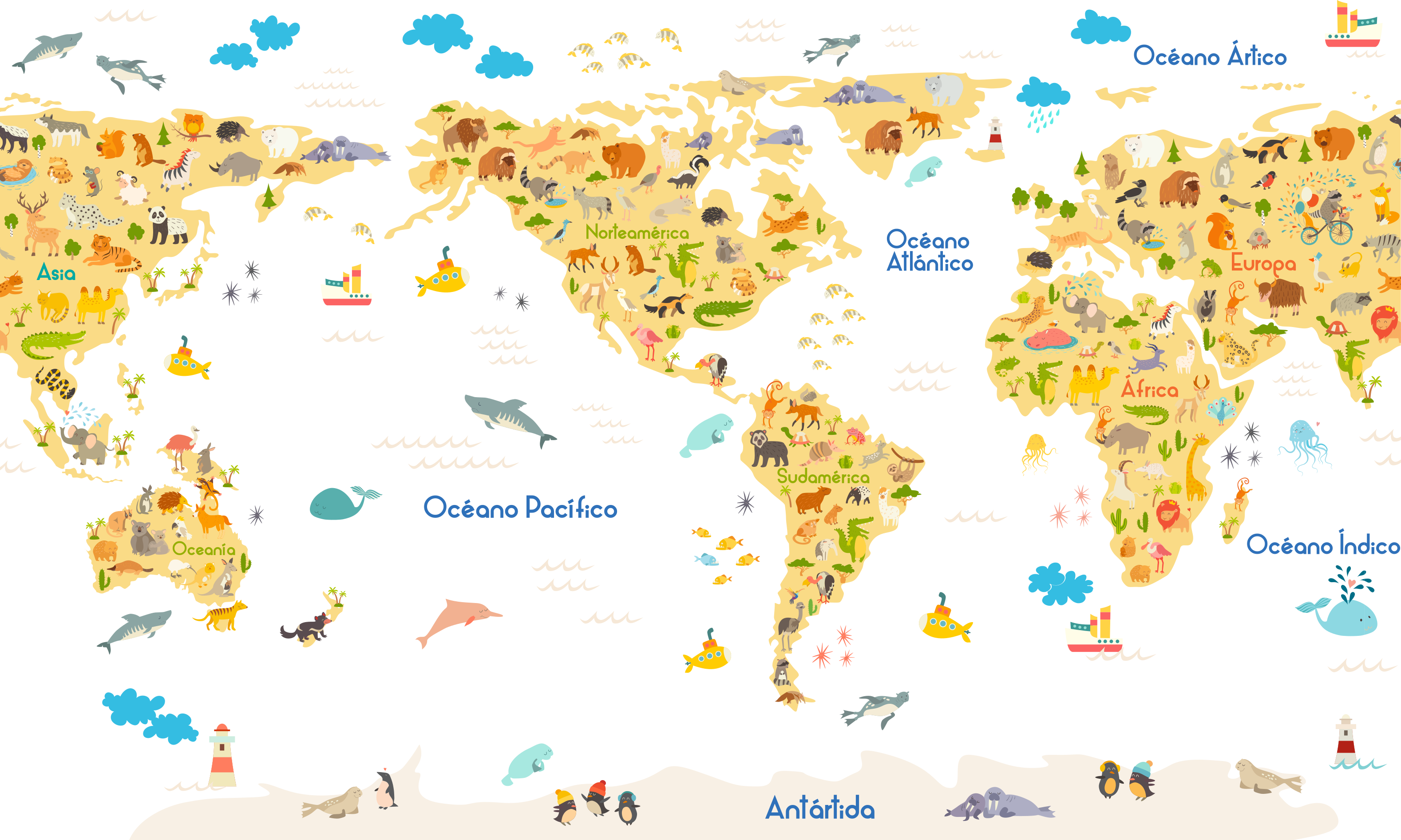 Animal filled America world map world sticker - TenStickers