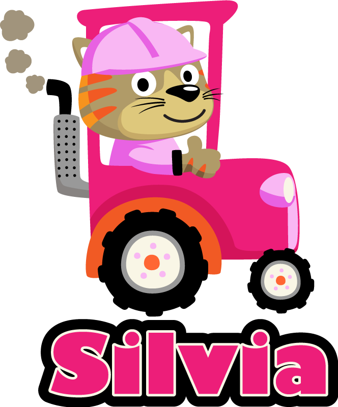 Rosa traktor med kattunge och namnklistermärke - Tenstickers