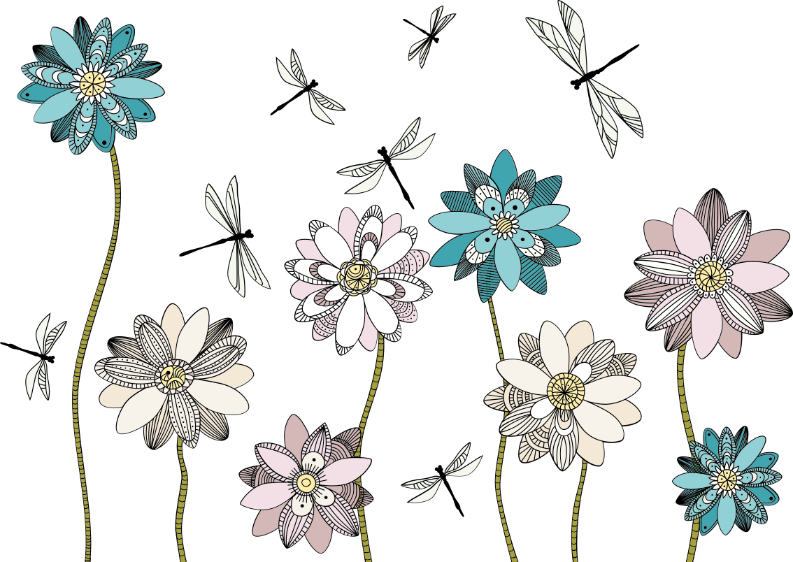 Vážky létající kolem květiny samolepka na zeď - TenStickers