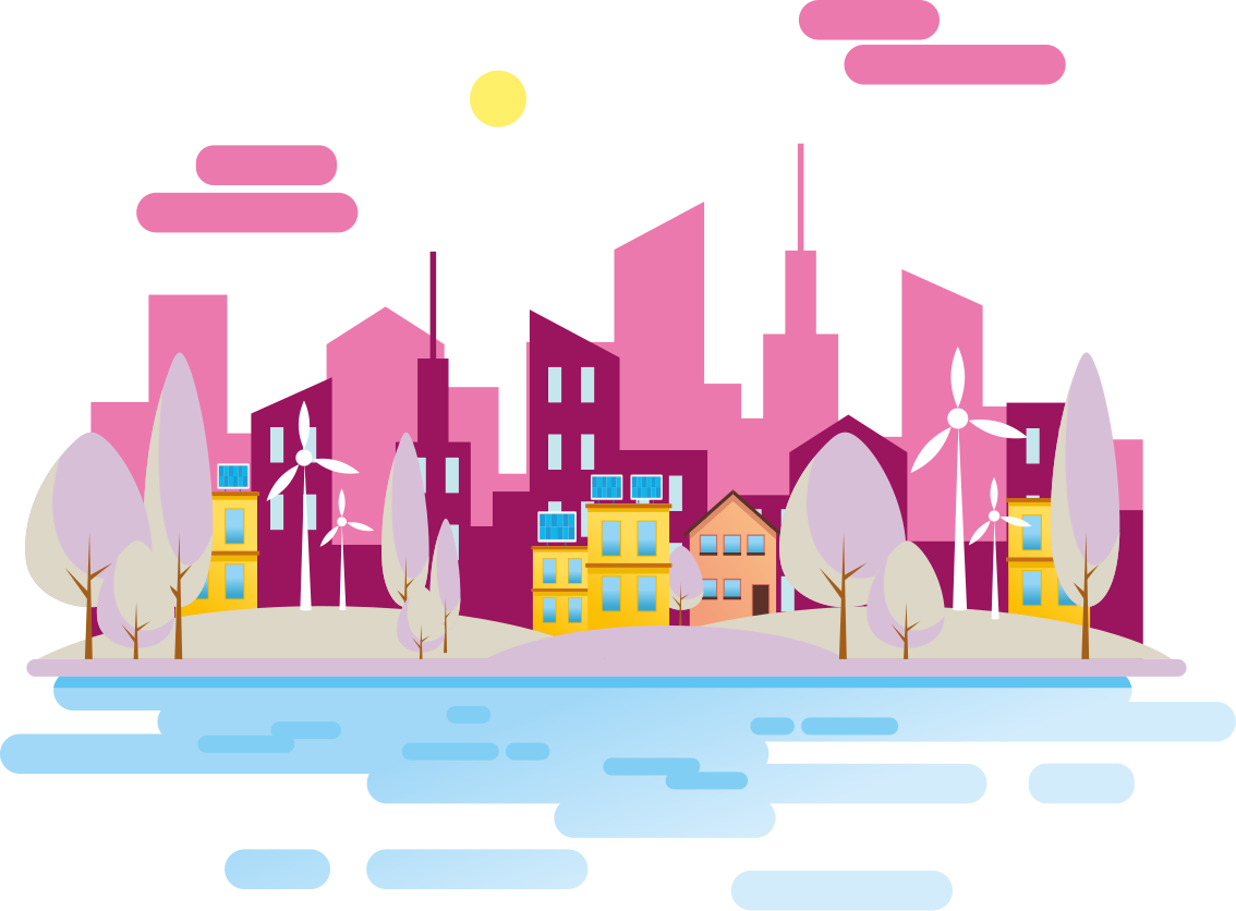 Pink city with sea illustration decal - TenStickers