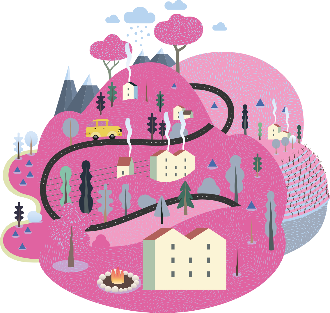 Rosa fjell med hus illustrasjon klistremerker - Tenstickers