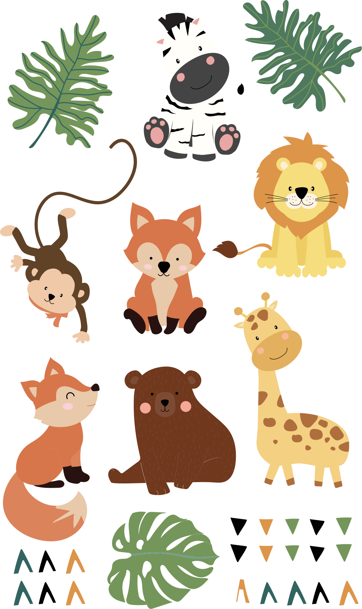 Cute wild animals with leaves wallpaper decal - TenStickers