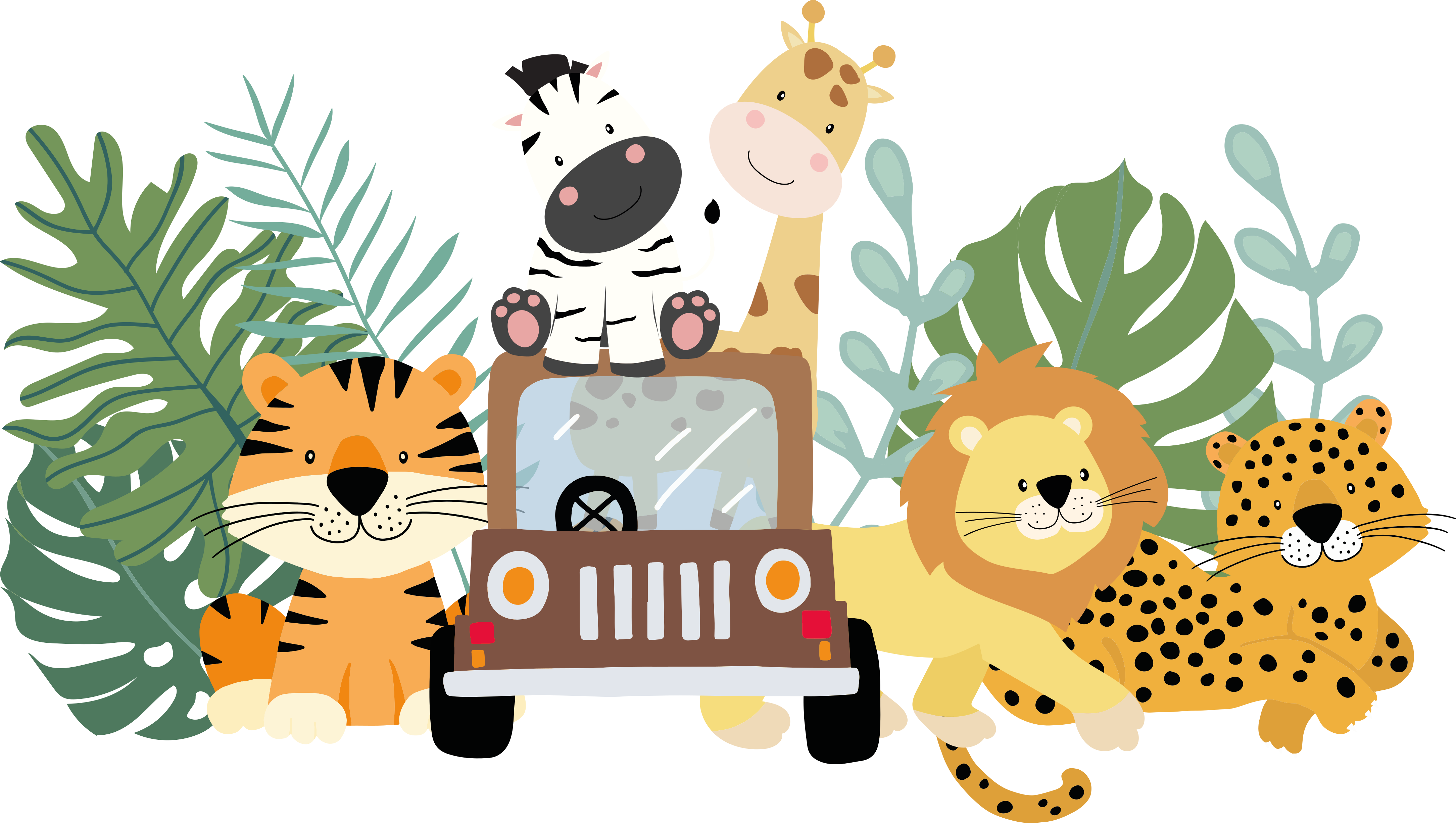 Décoration animaux safaris et voiture en carton grand format