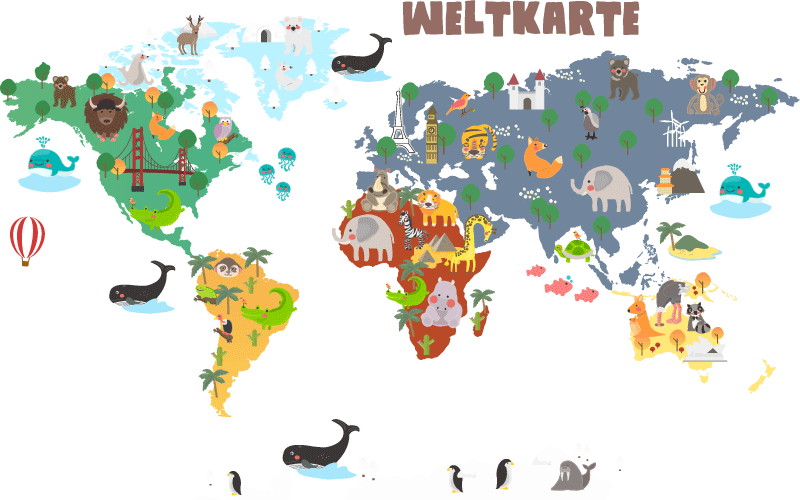 Weltkarte Aufkleber Bunter kontinent mit gebäuden und tieren - TenStickers