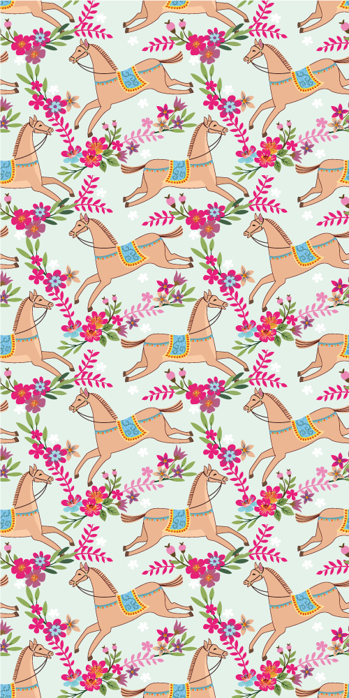 Nálepka na dvere s ružovým kvetom a vzorom koňa - Tenstickers