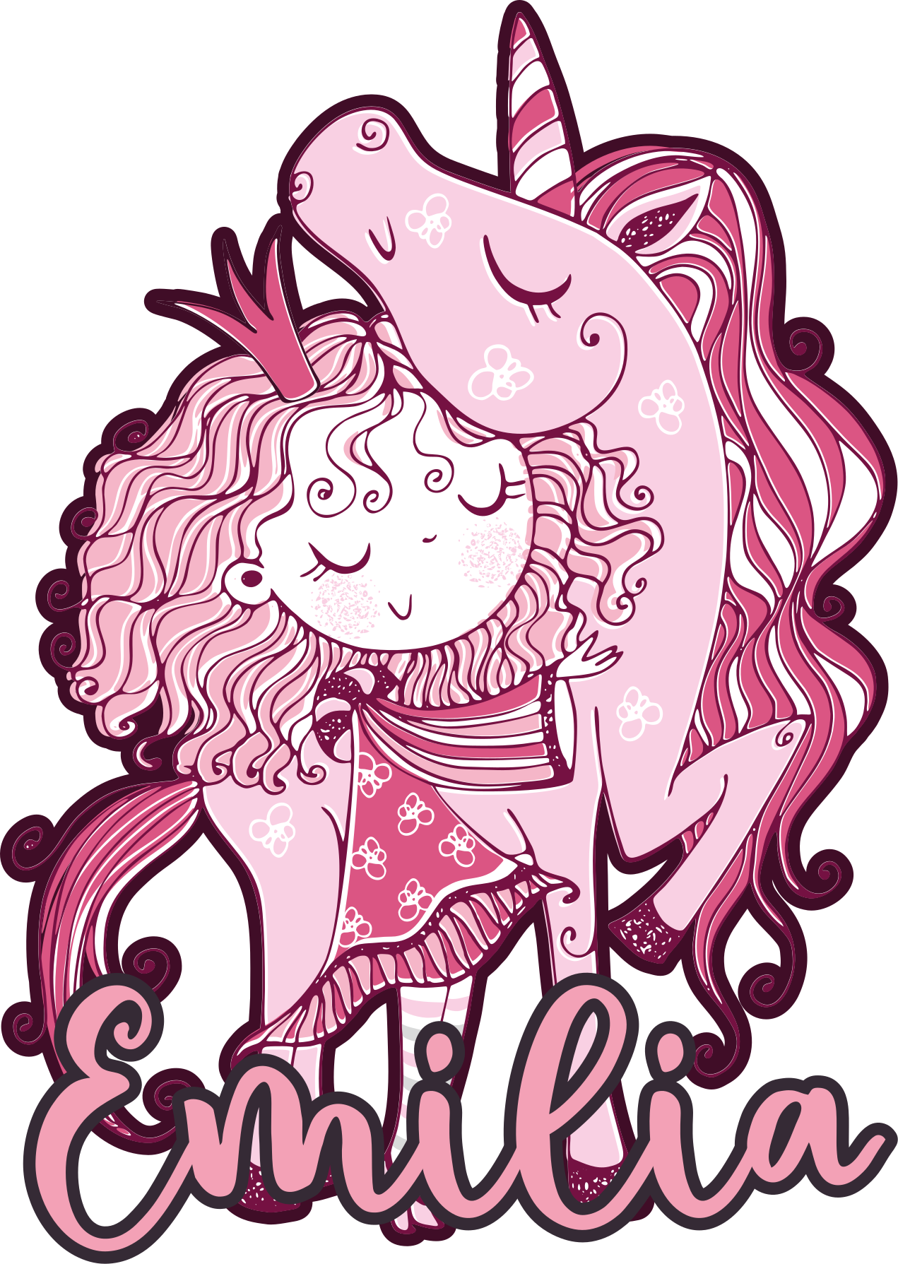 Søt prinsesse med blomster og en enhjørning illustrasjon klistrem - Tenstickers