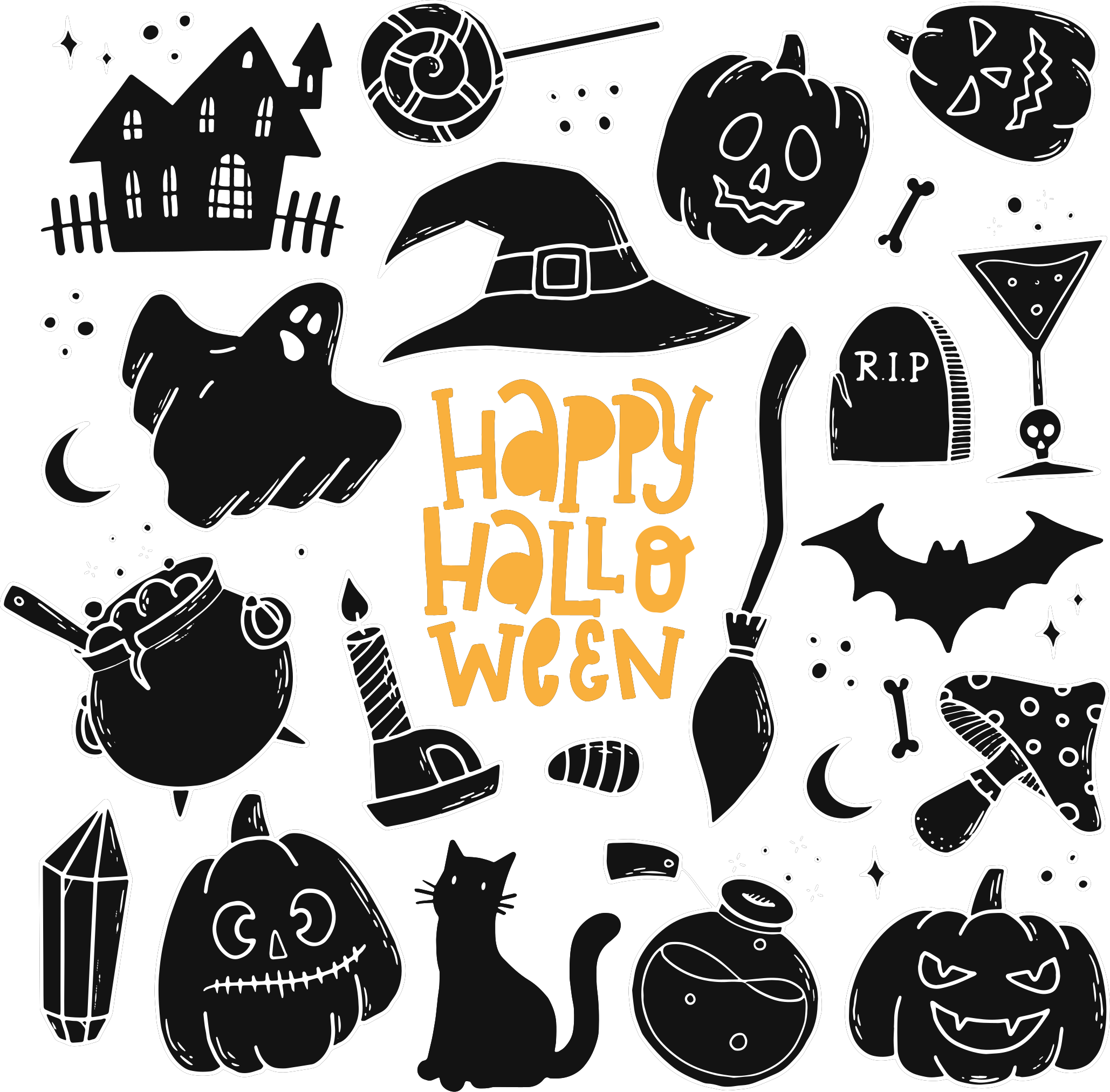 Happy Halloween Black Doodles Halloween Wall Sticker Tenstickers