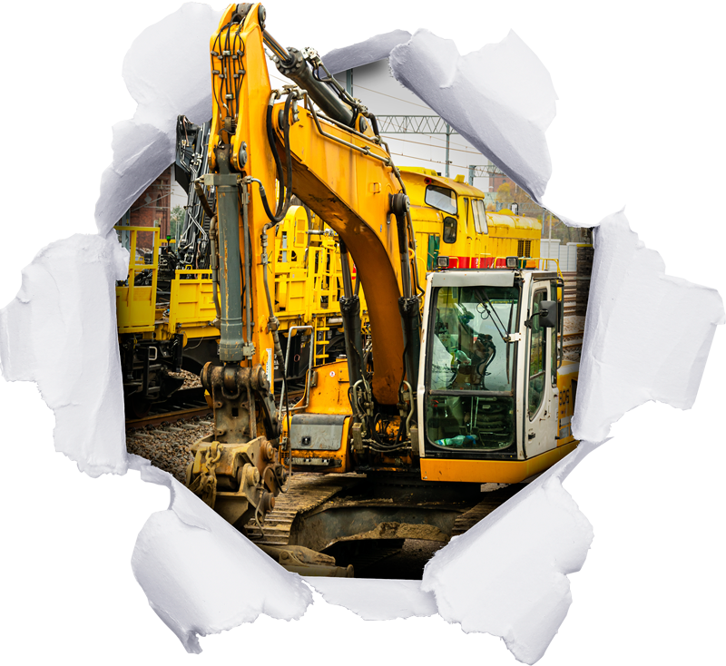 σπασμένο τοίχο με πορτοκαλί εκσκαφέας 3d αυτοκόλλητο - TenStickers