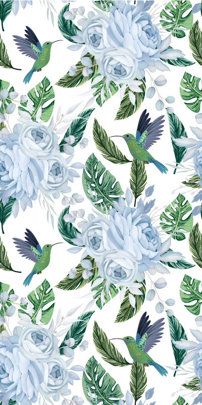 Blue garden flowers with birds fridge decal - TenStickers
