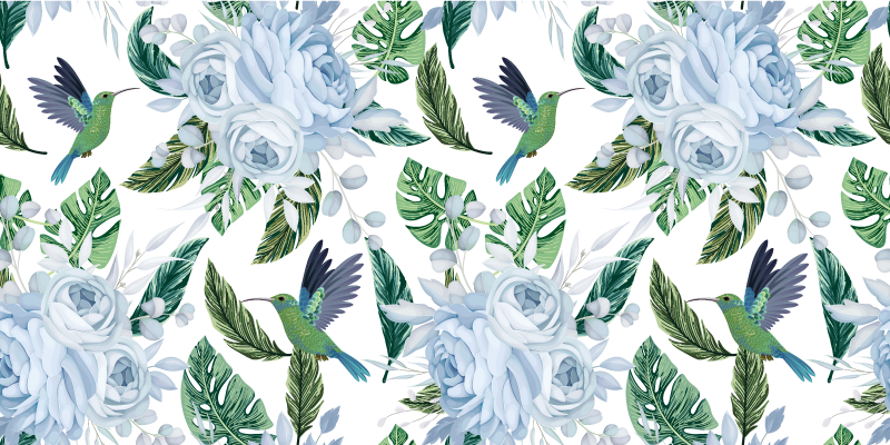 Sticker Meuble Fleurs bleues avec oiseaux - TenStickers