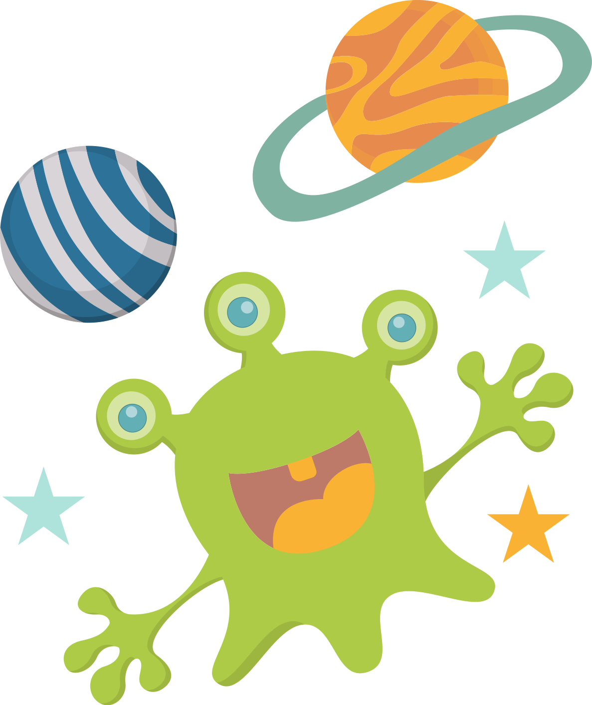 Planet with funny aliens round illustation kids sticker - TenStickers