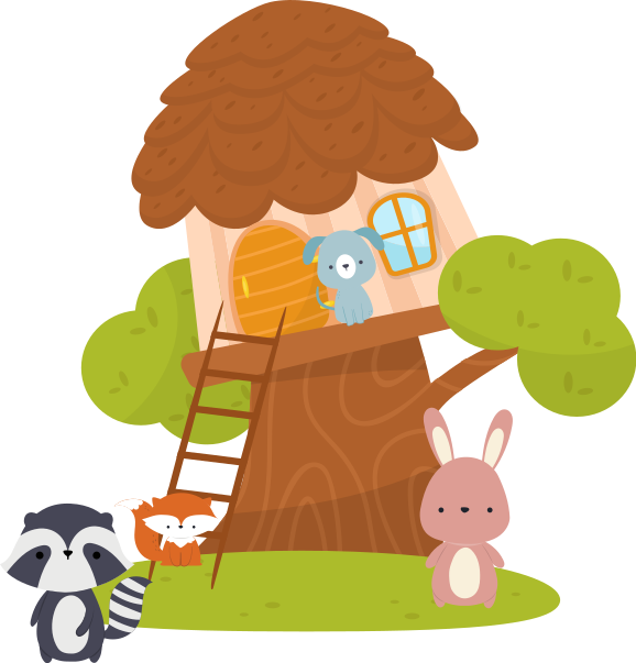 Wandtattoo Zeichnung Buntes baumhaus mit tieren - TenStickers