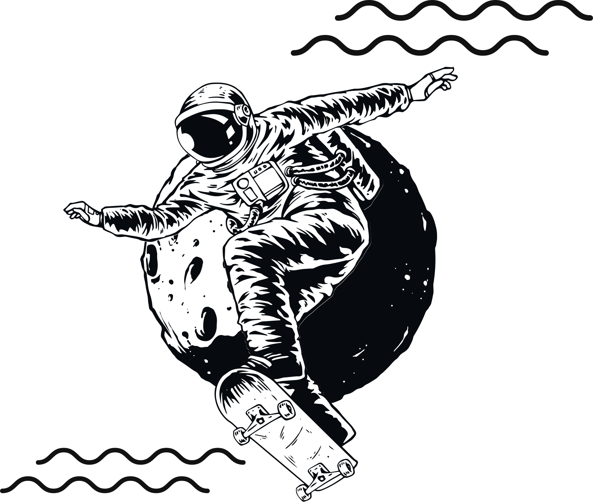 Vinilo habitación juvenil Astronauta dibujado a mano con patineta - TenVinilo