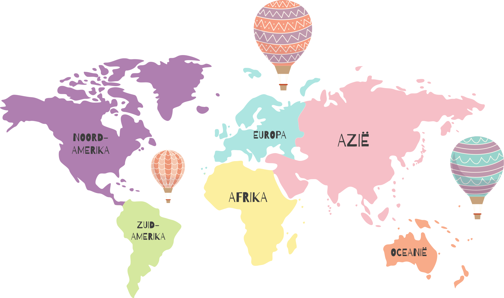 Muursticker wereldkaart Noordse kaart met luchtballonnen - TenStickers