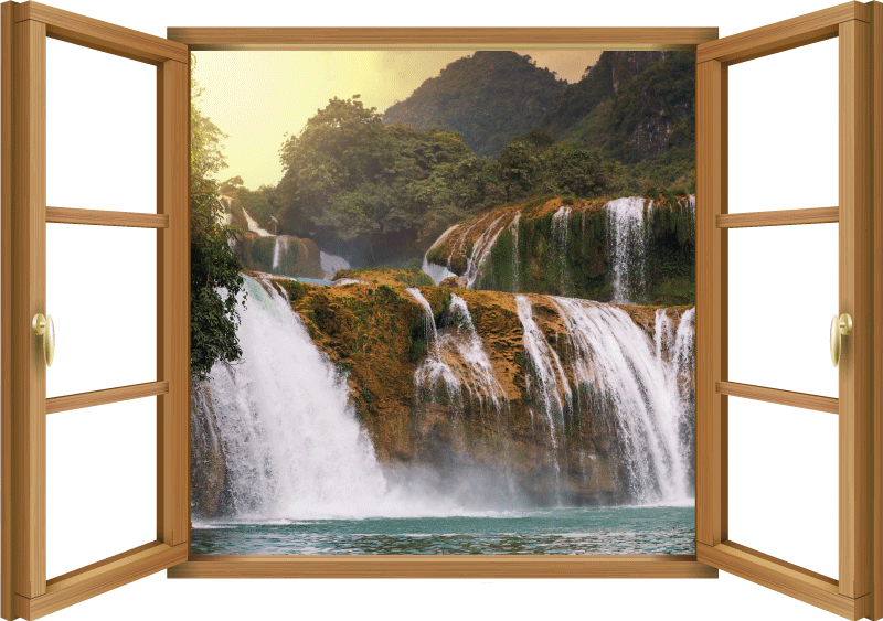 Vinilo pared 3D ventana vistas cataratas Ban Gioc - TenVinilo