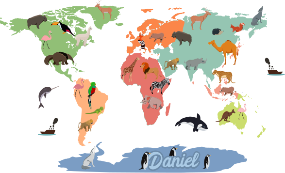 교육용 벽 스티커 동물과 함께 다채로운 세계지도 - TenStickers