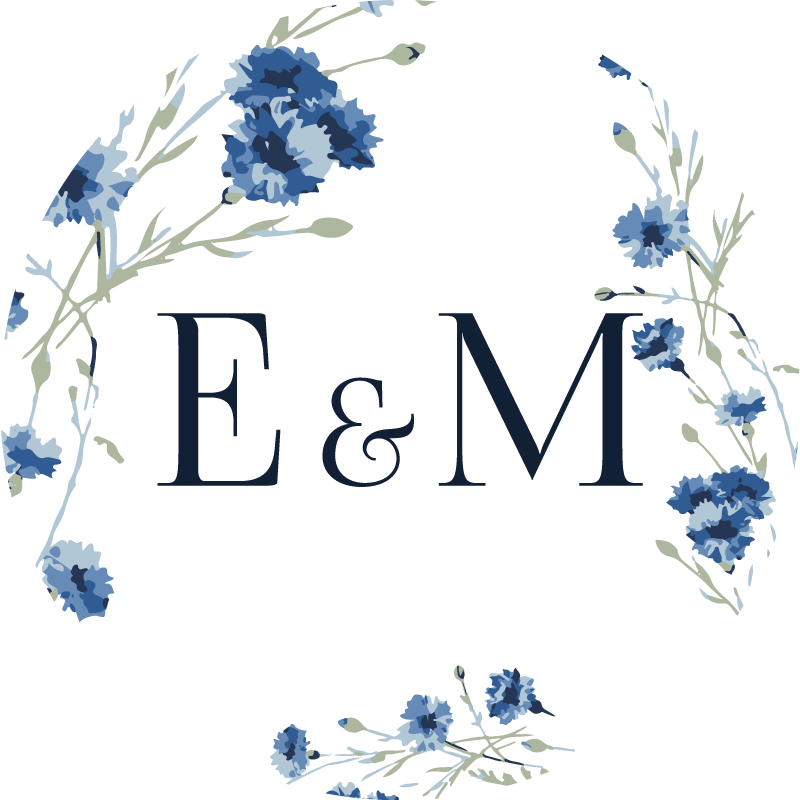 Sticker mariage fleurs bleues avec des majuscules - TenStickers