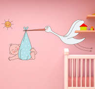 cots baby showers Wall decal sticker art. Flying Stork & Baby for nurseries 