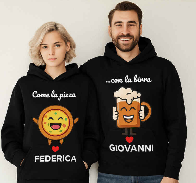 Felpa coppia mangiare la pizza con la birra - TenStickers