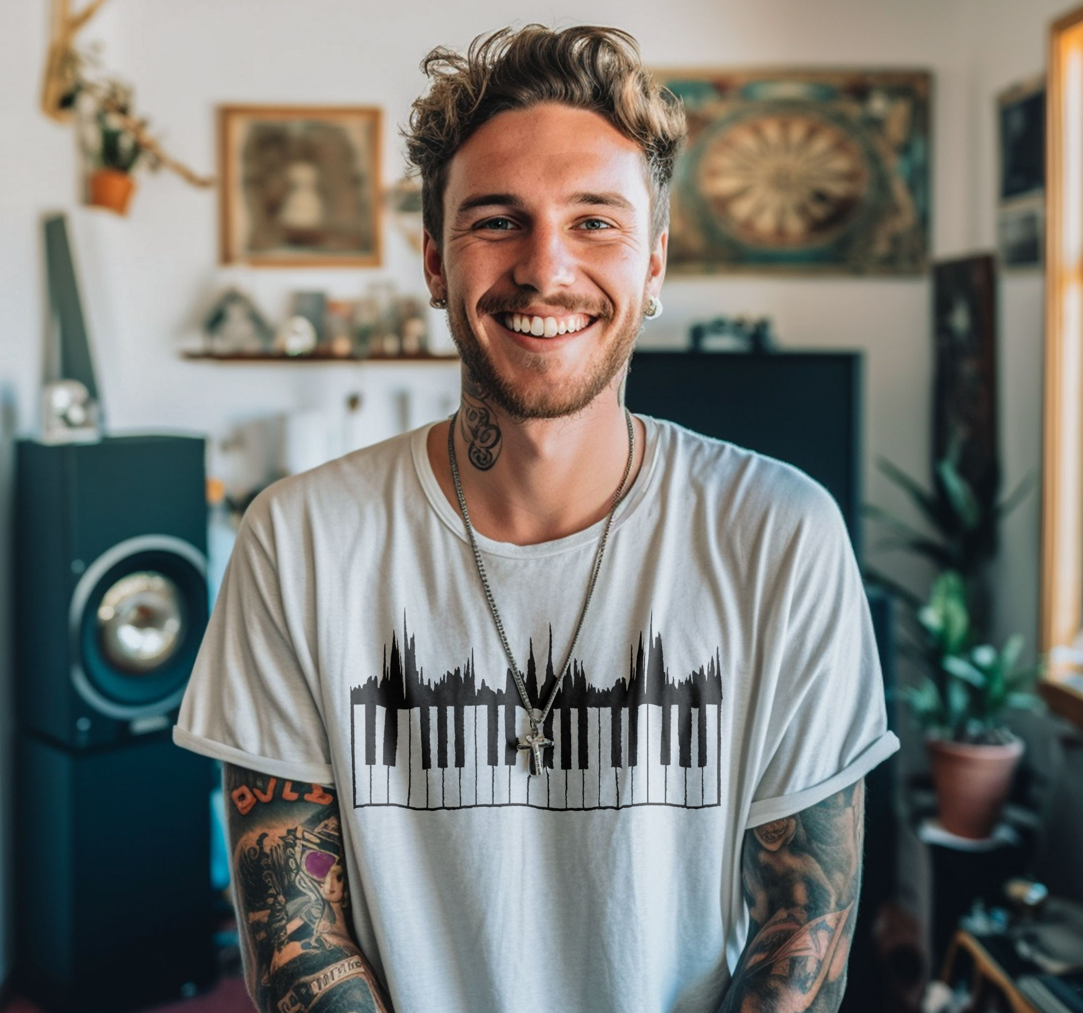 Camiseta teclado y onda sonora