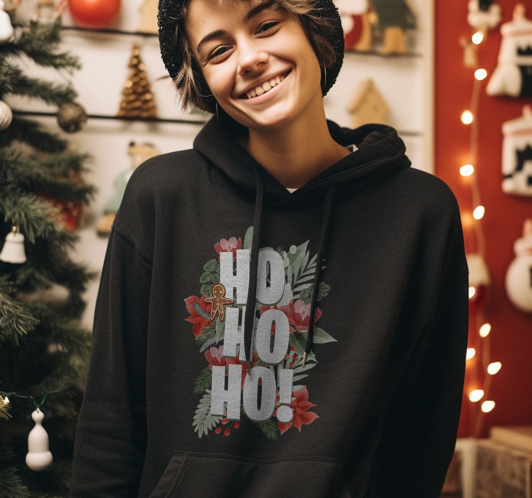 Sudadera navideña ¡Ho ho ho! con flores