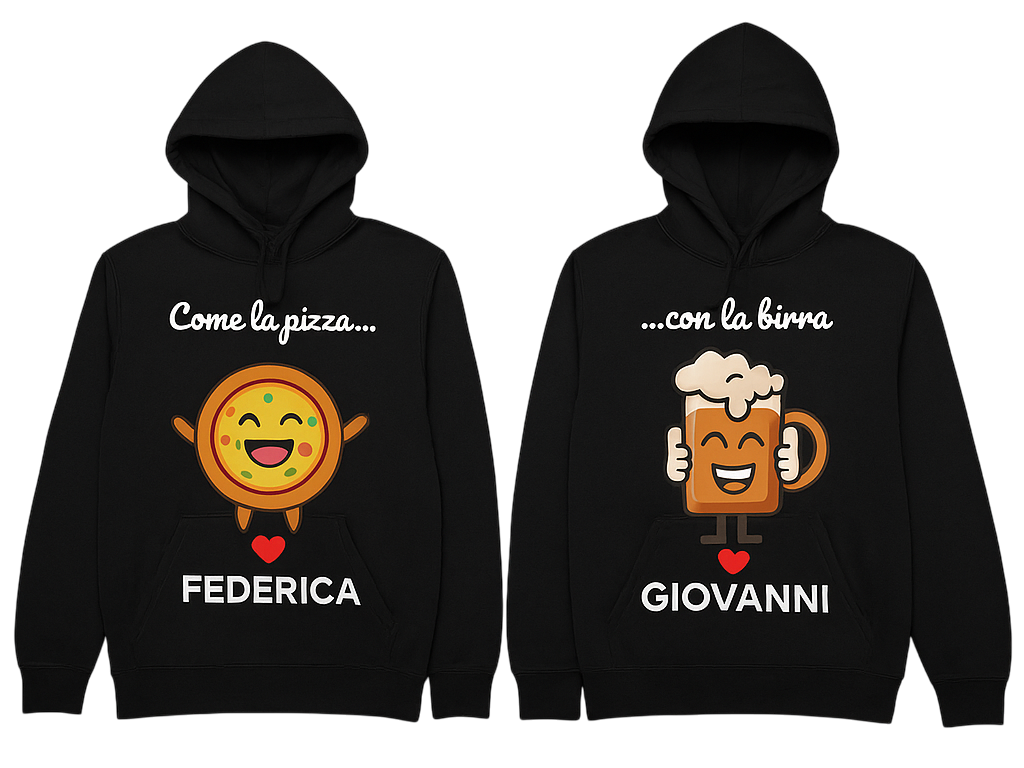 Felpa coppia mangiare la pizza con la birra - TenStickers