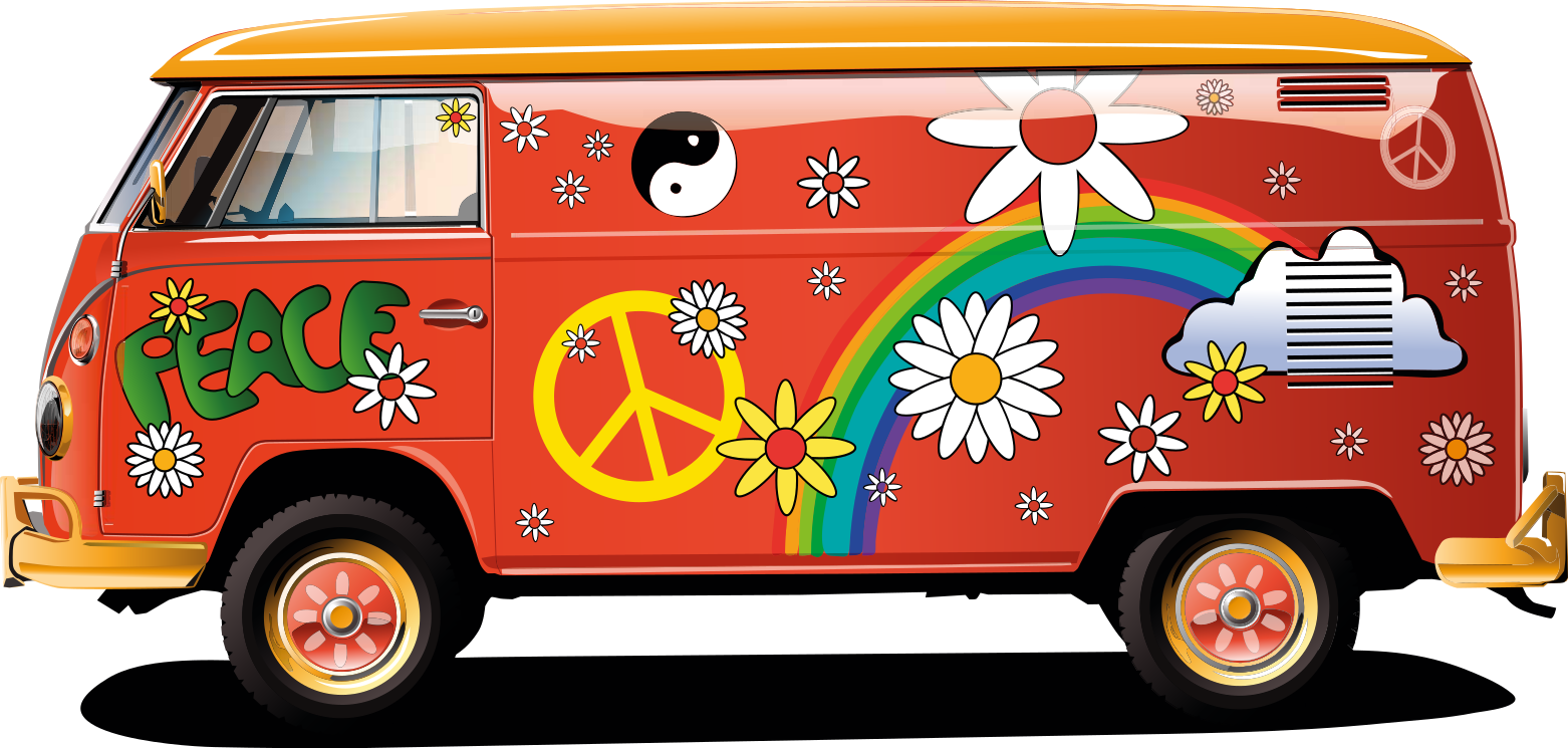 TenStickers. Retro hippie busje t-shirt. Retro hippie busje op maat t-shirt. Rode bestelwagen met motieven uit de zestiger jaren. Koop het nu en geniet van de esthetiek. Krijgen met onmiddellijke verzending.
