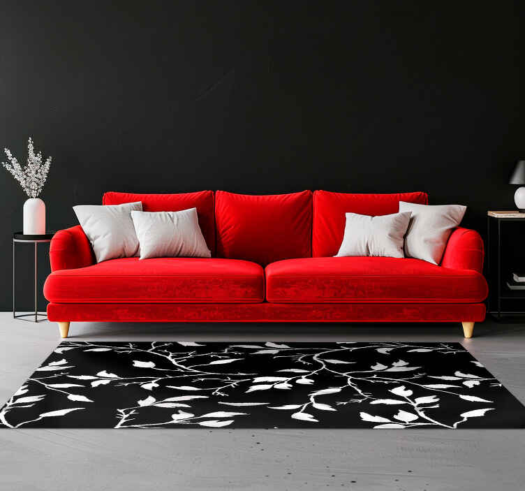 Modern floral pattern black vinyl rug