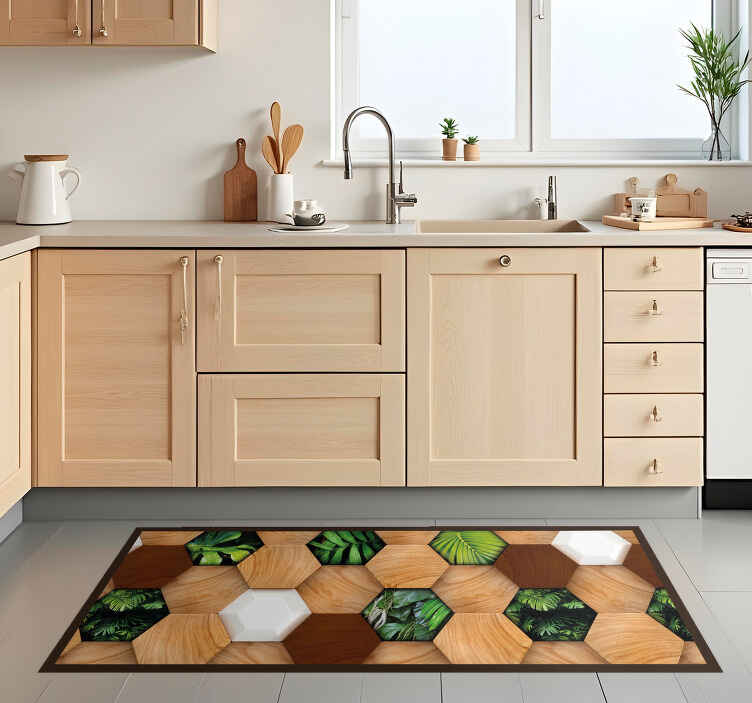 Alfombra vinílica cocina hexágonos tropicales de madera - TenVinilo