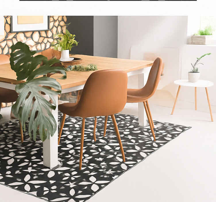 Alfombra vinílica comedor geométrico floral negro - TenVinilo