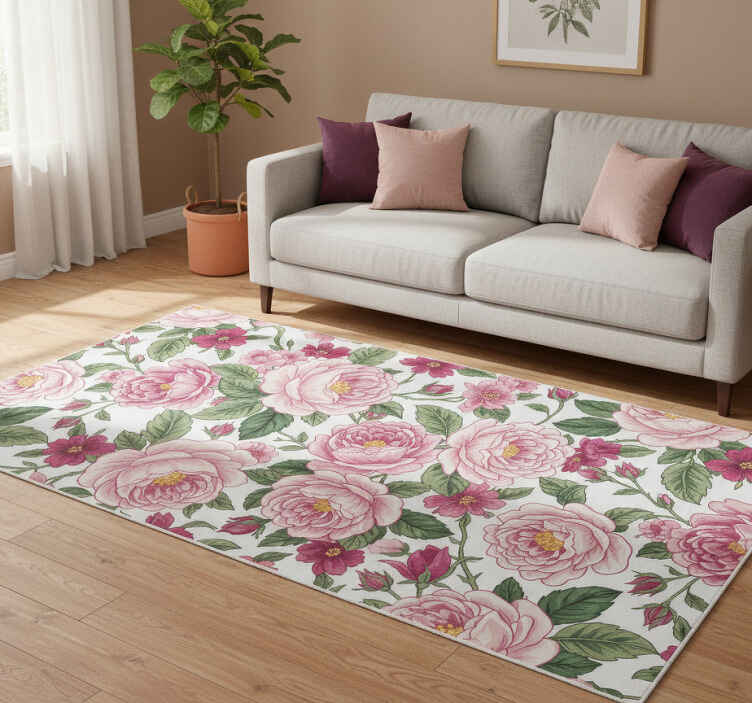 Alfombra vinílica salón flores rosas hermosas - TenVinilo