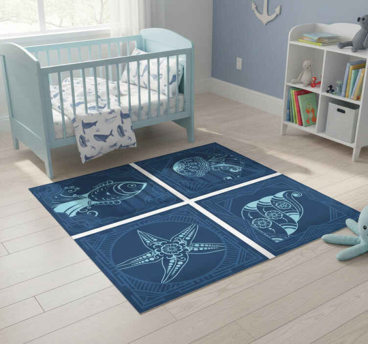 Tappeto vinile animali piastrelle ornamentali blu - TenStickers