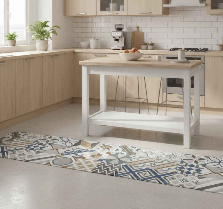 Alfombra vinílica cocina parcheo geométrico ecléctico - TenVinilo