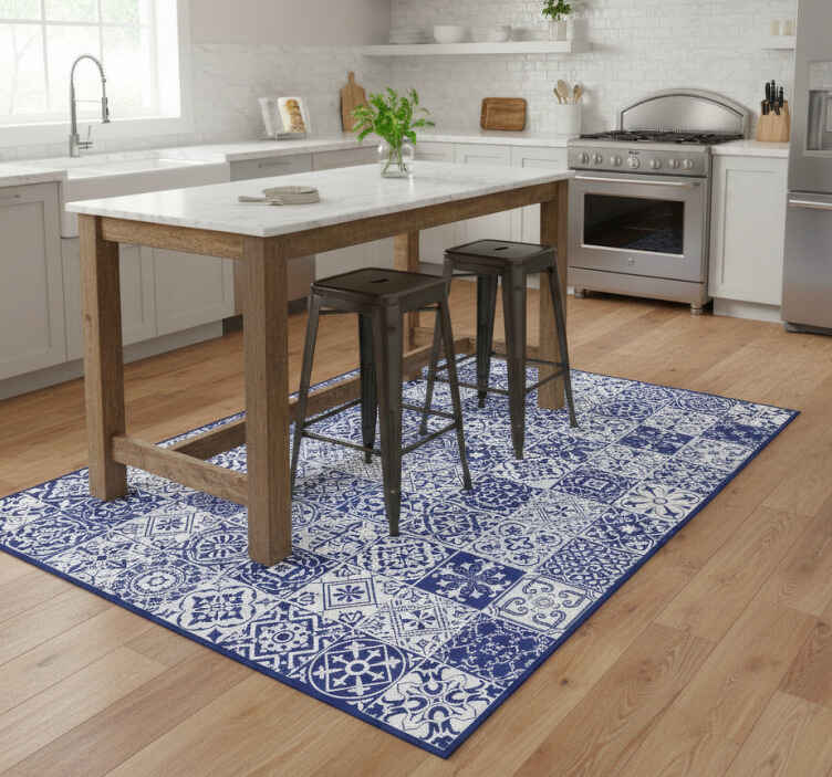 Cobalt porcelain collage kitchen vinyl rug - TenStickers